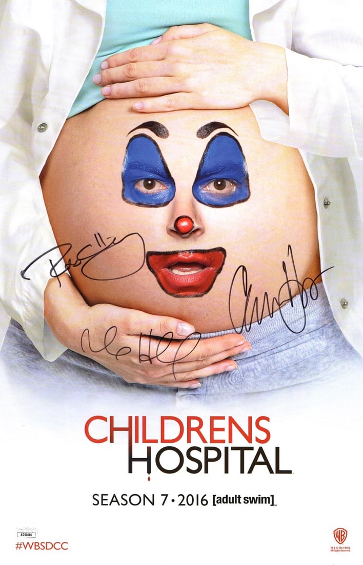 Children's Hospital Triple Signed Poster Corddry Hayes Huebel JSA Authenticated: Children's Hospital Triple Signed Poster Corddry Hayes Huebel JSA Authenticated This original 11X17 poster from the popular series 'Children's Hospital' features the triple autographs of stars Rob Cor