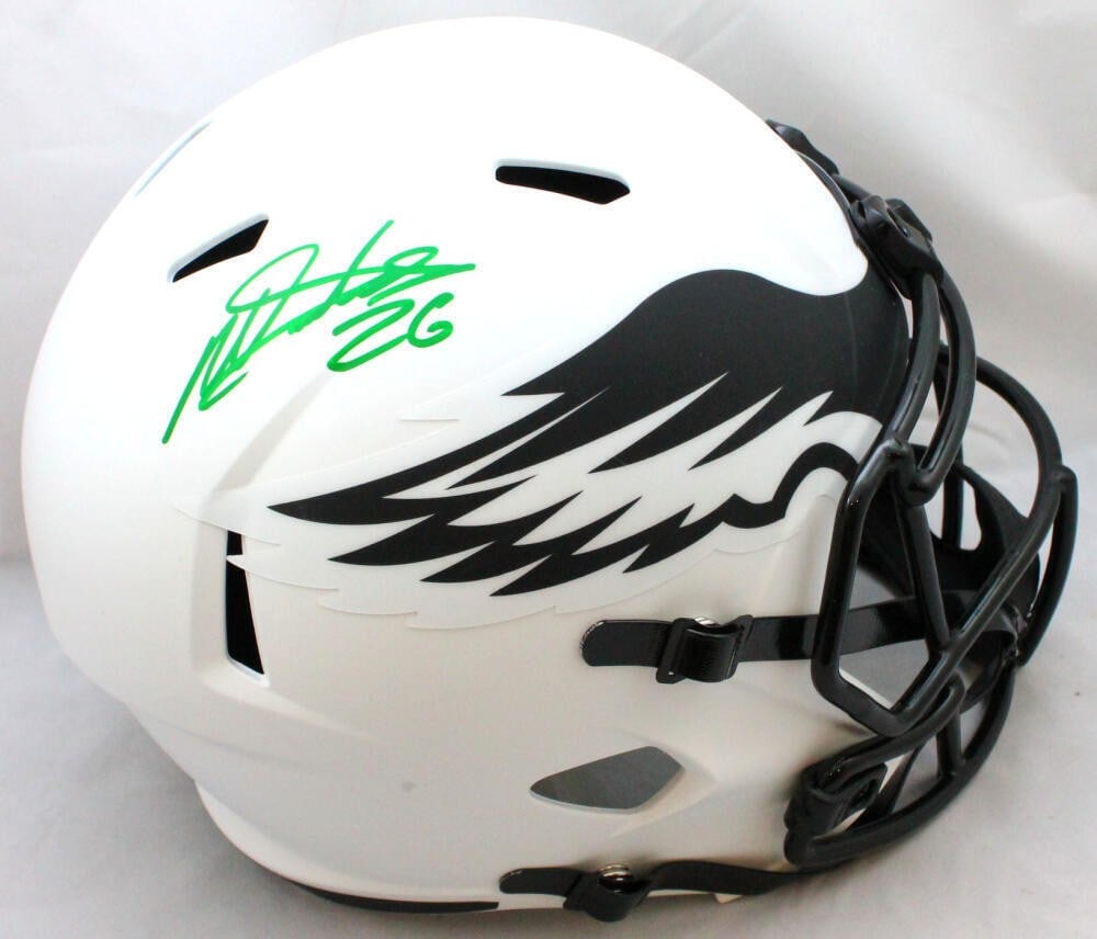 Miles Sanders Signed Philadelphia Eagles F/S Lunar Speed Helmet JSA Authenticated Green: Miles Sanders Signed Philadelphia Eagles F/S Lunar Speed Helmet JSA Authenticated Green This Philadelphia Eagles full-size Lunar Speed helmet features the autograph of player Miles Sanders, making it 