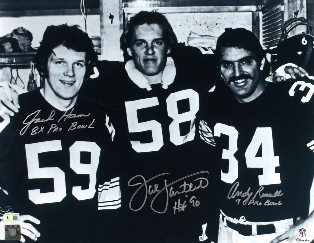 Steelers 16x20 Black and White Photo Signed by Ham Lambert Russell Beckett Hologram: Steelers 16x20 Black and White Photo Signed by Ham Lambert Russell Beckett Hologram This 16x20 black and white photograph features authentic autographs from Jack Ham, Andy Russell, and Jack Lambert, k