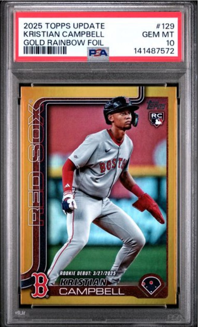 Kristian Campbell PSA 10 Gold Rainbow RC 2025 Topps Update Card Serial /50: Kristian Campbell PSA 10 Gold Rainbow RC 2025 Topps Update Card Serial /50 This is a 2025 Topps Update Kristian Campbell #129 Gold Rainbow /50 rookie card, professionally graded PSA 10 by Professional