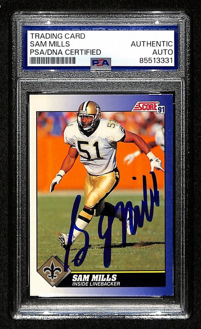 Sam Mills HOF Signed 1991 Score #61 Trading Card PSA/DNA: Sam Mills HOF Signed 1991 Score #61 Trading Card PSA/DNA Offered is a signed/autographed 1991 Score #61 trading card of Sam Mills, a Hall of Fame linebacker known for his remarkable career with the Ne