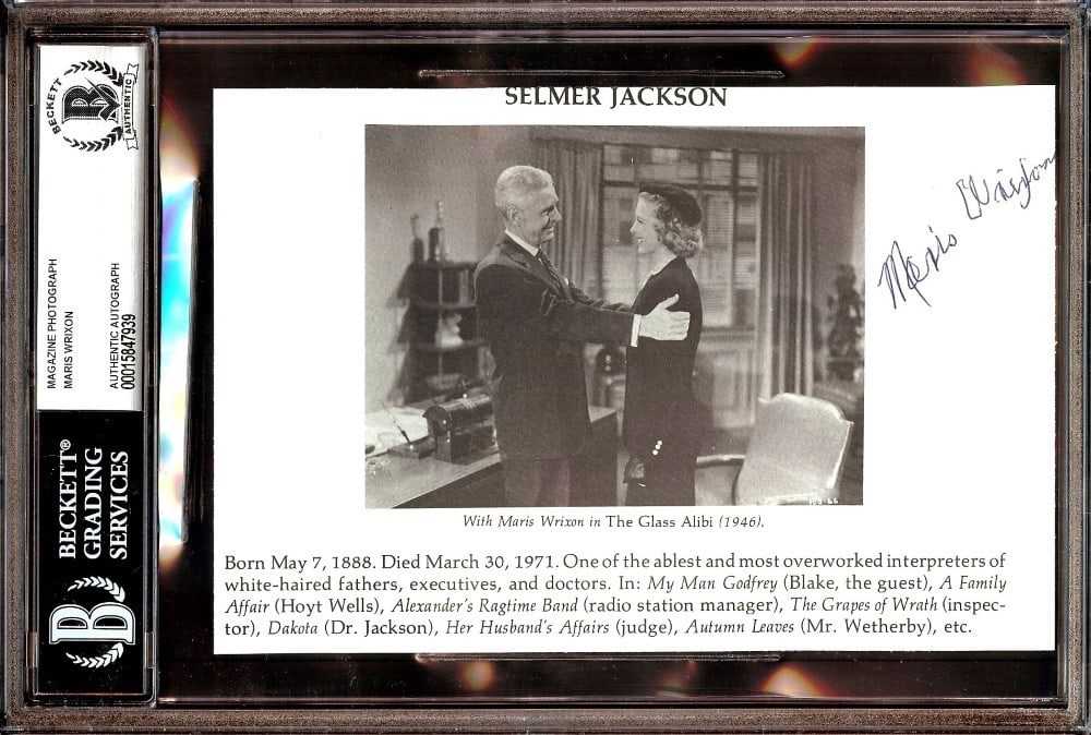 Autographed Maris Wrixon Magazine Photo with Beckett Authentication Slab: Autographed Maris Wrixon Magazine Photo with Beckett Authentication Slab This is an original magazine photograph autographed by Maris Wrixon. The signed photo is authenticated by Beckett Authenticatio