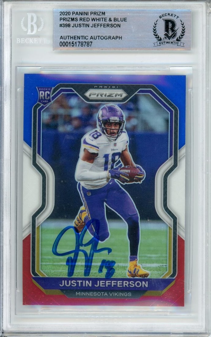 Justin Jefferson Red White Blue Rookie Card BAS Auto 10 Panini Prizm 2020 #398: Justin Jefferson Red White Blue Rookie Card BAS Auto 10 Panini Prizm 2020 #398 This 2020 Panini Prizm Red, White & Blue #398 Justin Jefferson rookie card features an on-card autograph and is graded wi