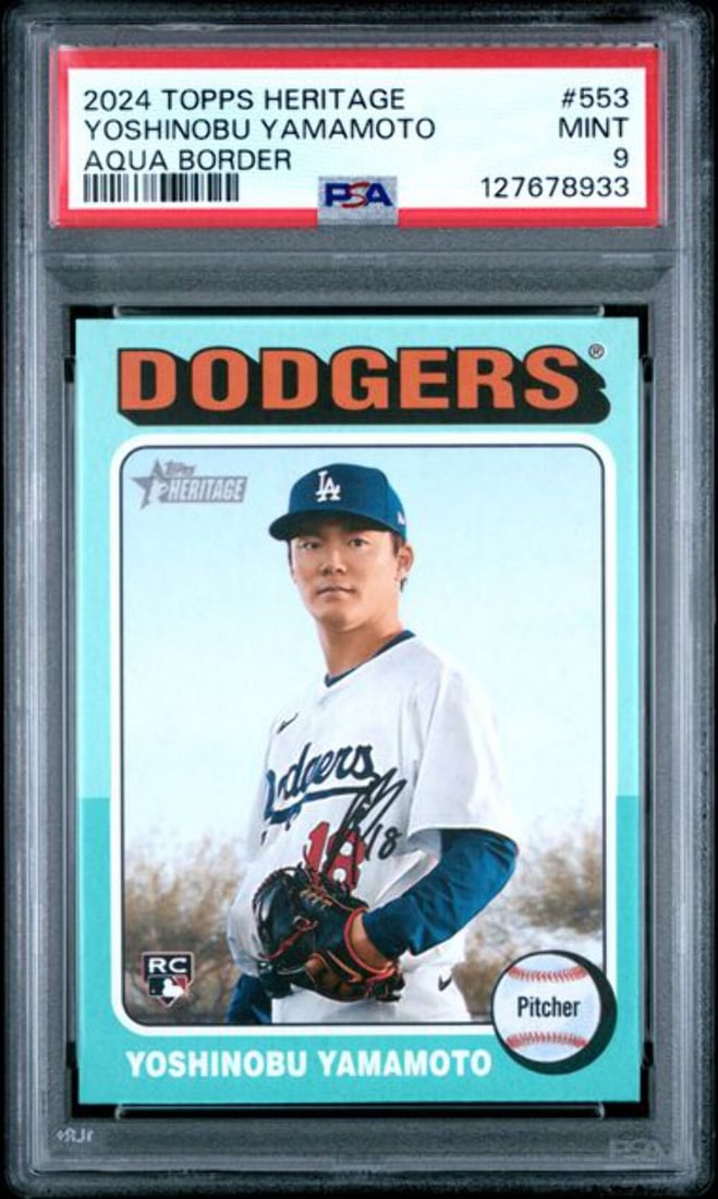 2024 Topps Heritage Yoshinobu Yamamoto Aqua Border RC PSA 9: 2024 Topps Heritage Yoshinobu Yamamoto Aqua Border RC PSA 9 This is a graded 2024 Topps Heritage Yoshinobu Yamamoto #553 Aqua Border rookie card, receiving a grade of 9 from Professional Sports Authen