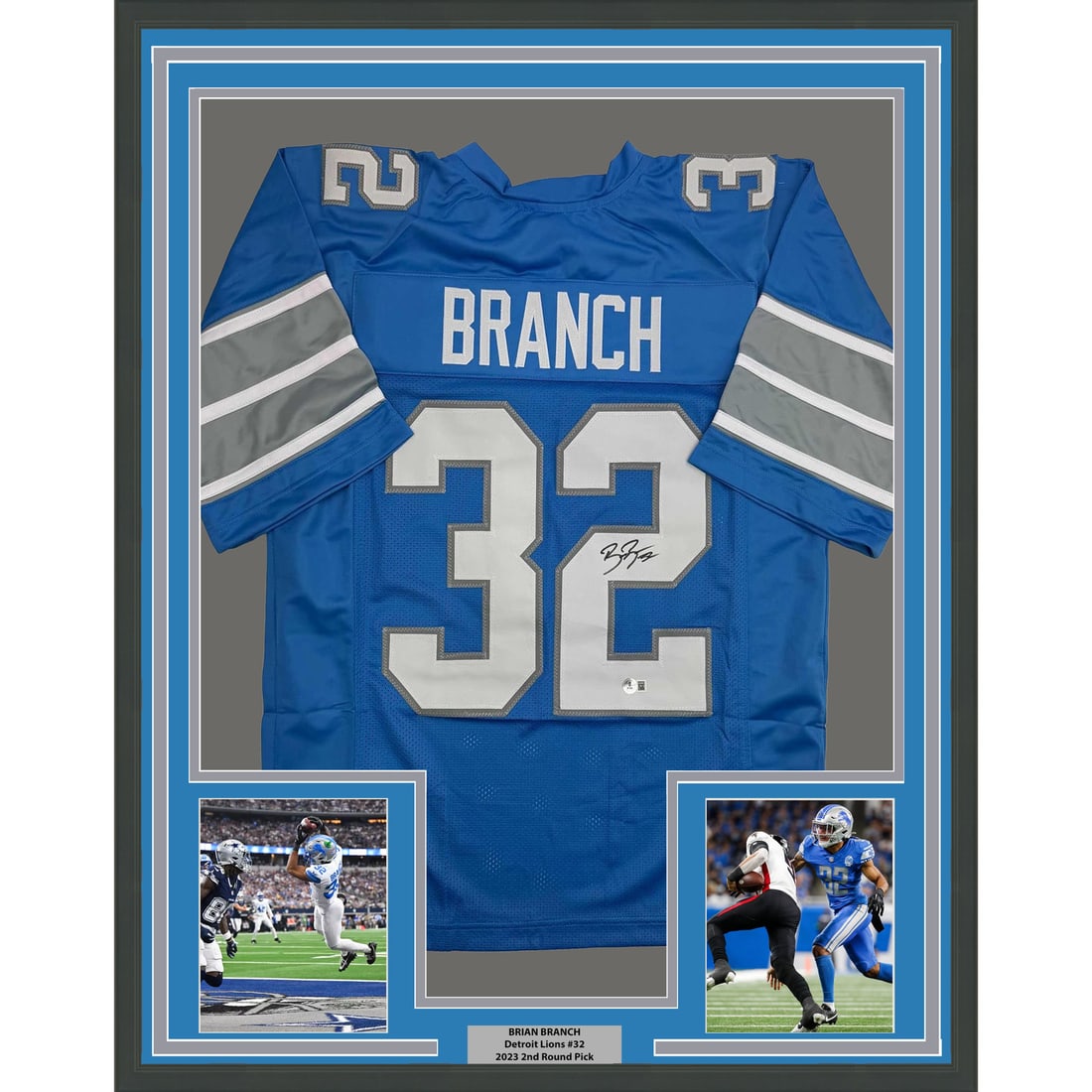 Detroit Lions Brian Branch Signed Blue Jersey Framed with Beckett COA 35x39: Detroit Lions Brian Branch Signed Blue Jersey Framed with Beckett COA 35x39 This professionally framed and matted Detroit Lions blue jersey is autographed by NFL player Brian Branch. The display inclu