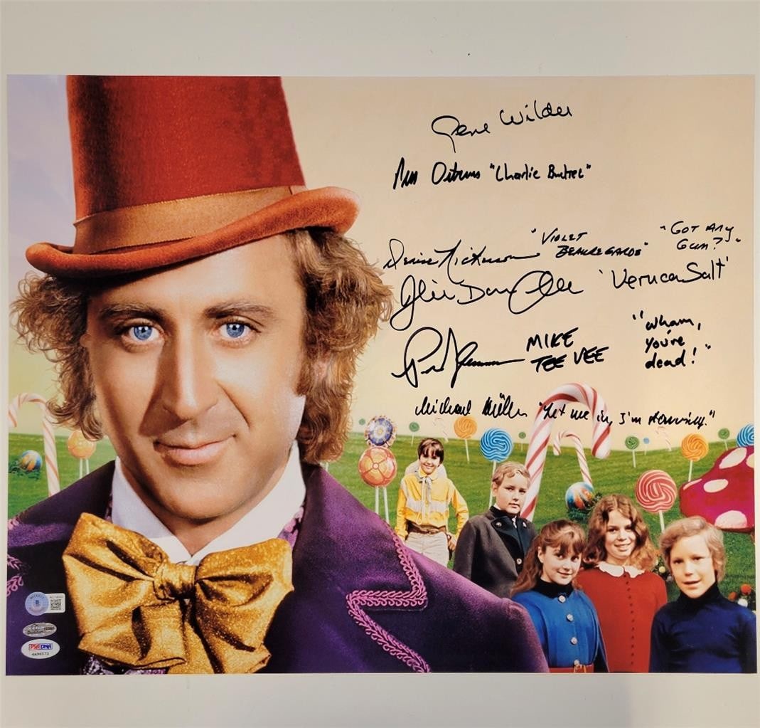 16x20 Willy Wonka Photo Signed by Gene Wilder with PSA/DNA Authentication: 16x20 Willy Wonka Photo Signed by Gene Wilder with PSA/DNA Authentication This original 16x20 photo features signatures from Gene Wilder and the Willy Wonka Kids cast alongside memorable quotes. The i