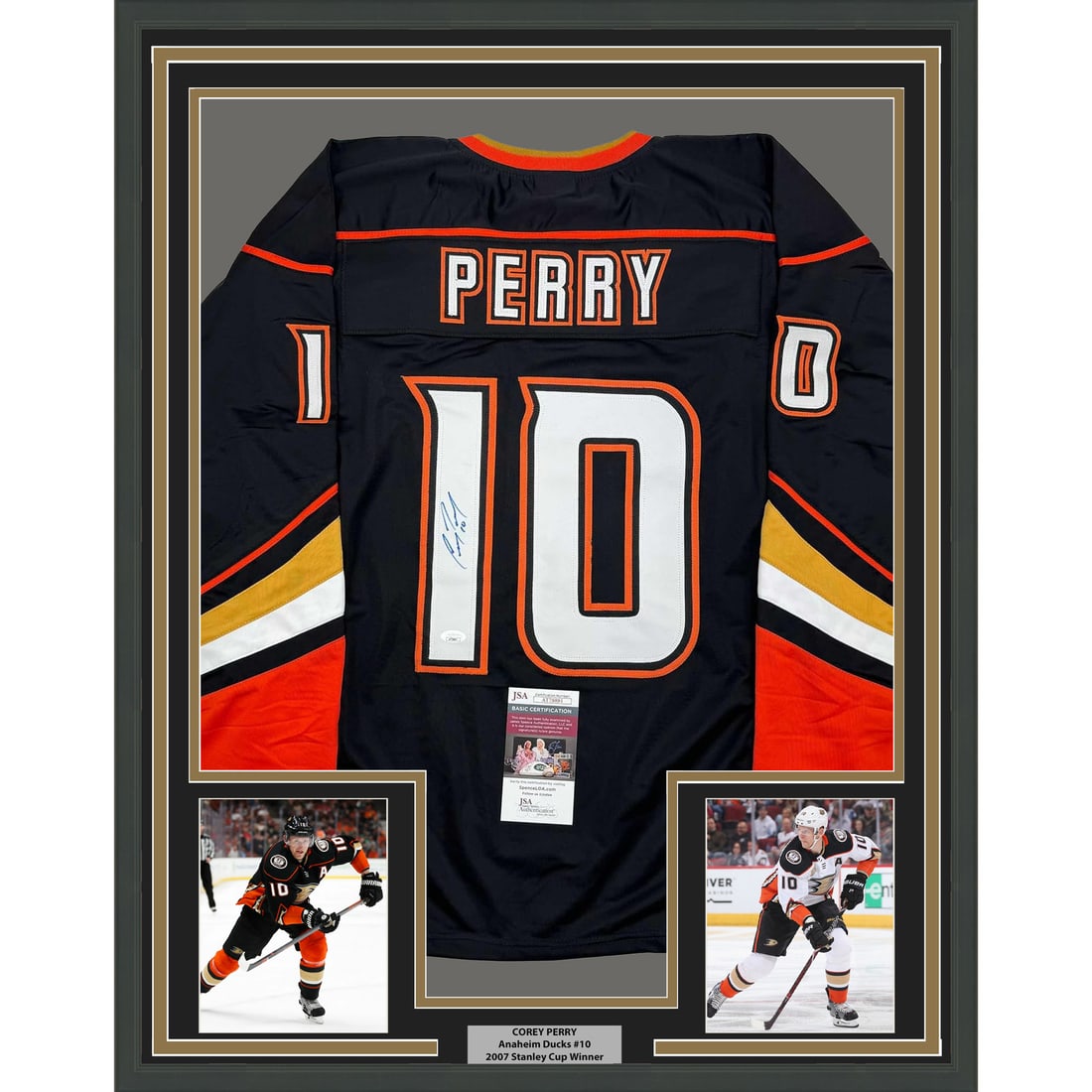Framed Signed Corey Perry Anaheim Ducks Jersey with JSA Authentication: Framed Signed Corey Perry Anaheim Ducks Jersey with JSA Authentication This professionally framed and matted display features an autographed Corey Perry Anaheim Ducks black hockey jersey, measuring 35