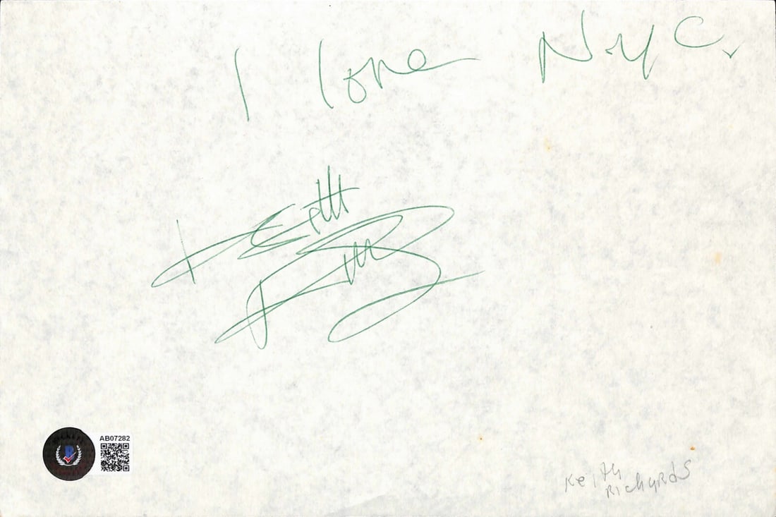 Keith Richards Signed Vintage Cut with Inscription I love NYC Beckett LOA: Keith Richards Signed Vintage Cut with Inscription I love NYC Beckett LOA This is an original, autographed 6x8 vintage cut signed by Keith Richards, the legendary guitarist of the Rolling Stones. The 