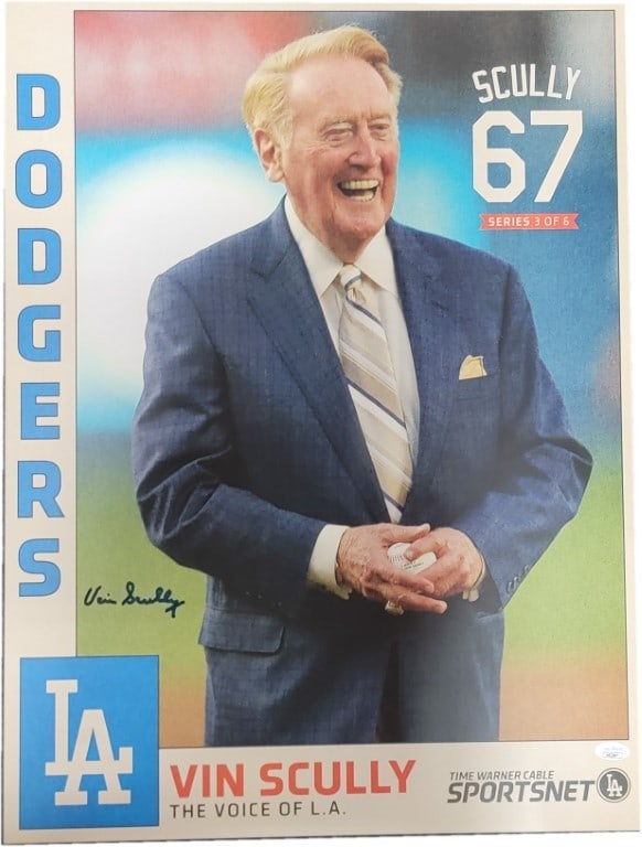 Vin Scully Autographed 20x24 Lithograph Poster JSA Certified: Vin Scully Autographed 20x24 Lithograph Poster JSA Certified This original lithograph poster features a stunning 20x24 image of Vin Scully, the legendary broadcaster for the Los Angeles Dodgers. The p