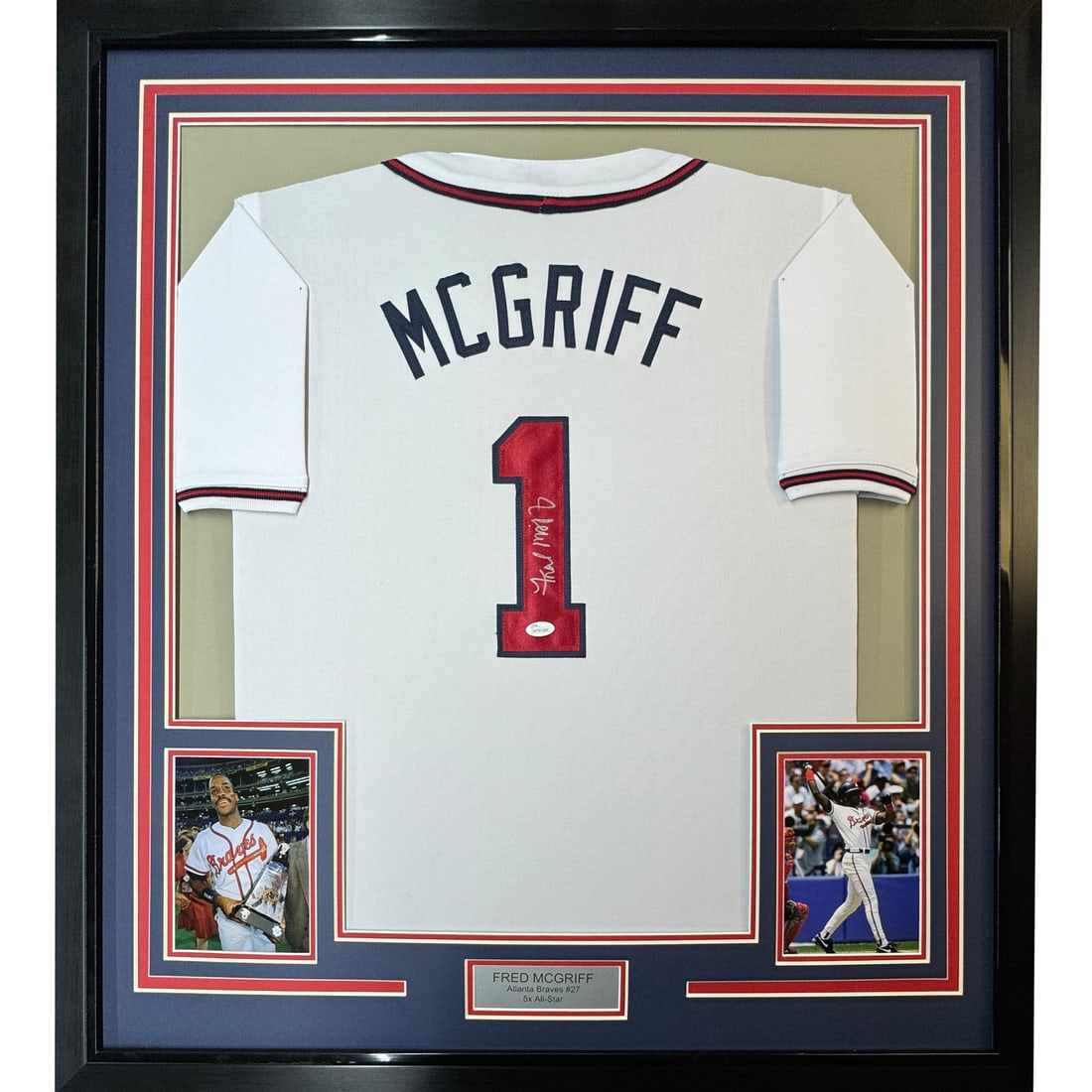 Framed Fred McGriff Autographed Jersey 33x42 Atlanta Braves JSA COA Gem Mint: Framed Fred McGriff Autographed Jersey 33x42 Atlanta Braves JSA COA Gem Mint Celebrate the legacy of Fred McGriff with this professionally framed and autographed Atlanta Braves white jersey. The jerse