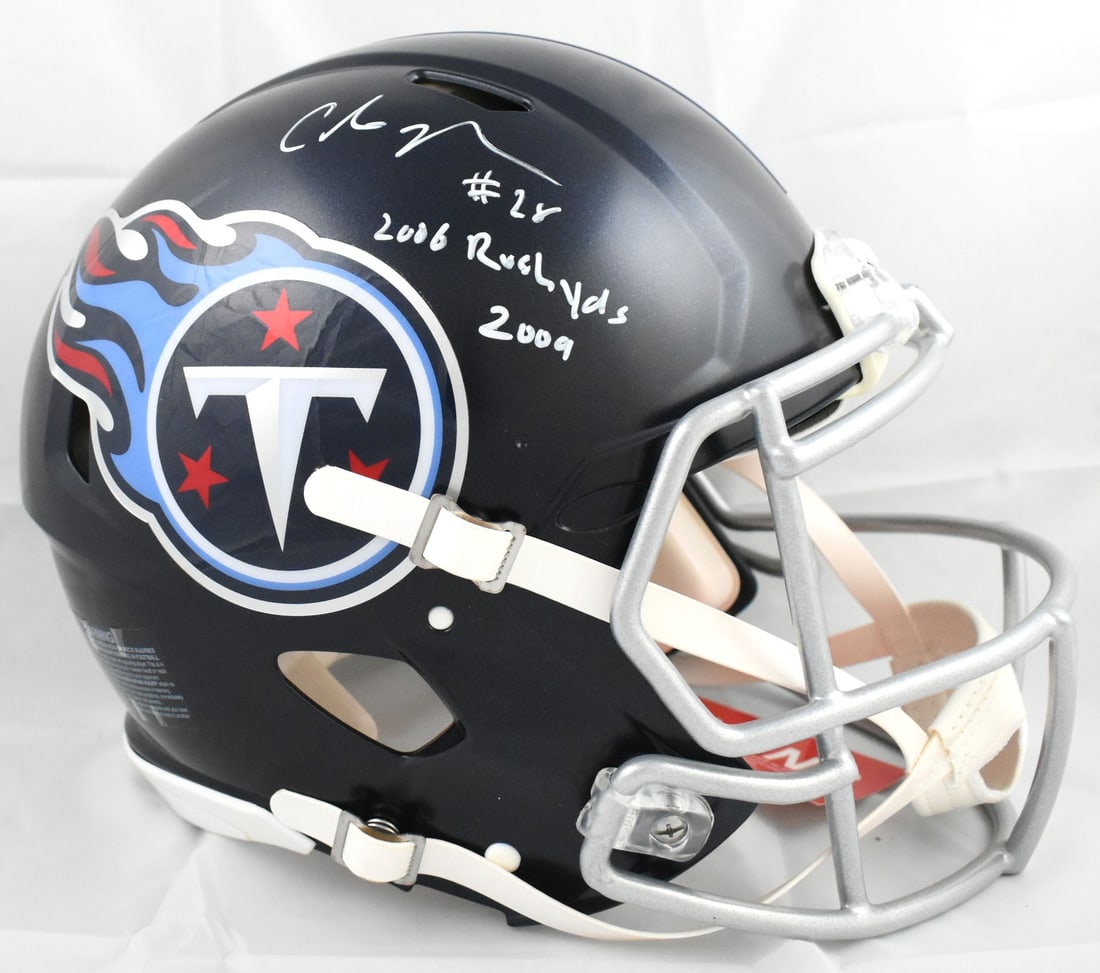Chris Johnson Autographed Tennessee Titans Full Size Authentic Speed Helmet Beckett: Chris Johnson Autographed Tennessee Titans Full Size Authentic Speed Helmet Beckett This is an original Tennessee Titans full-size Speed Authentic helmet signed by Chris Johnson. The helmet commemorat