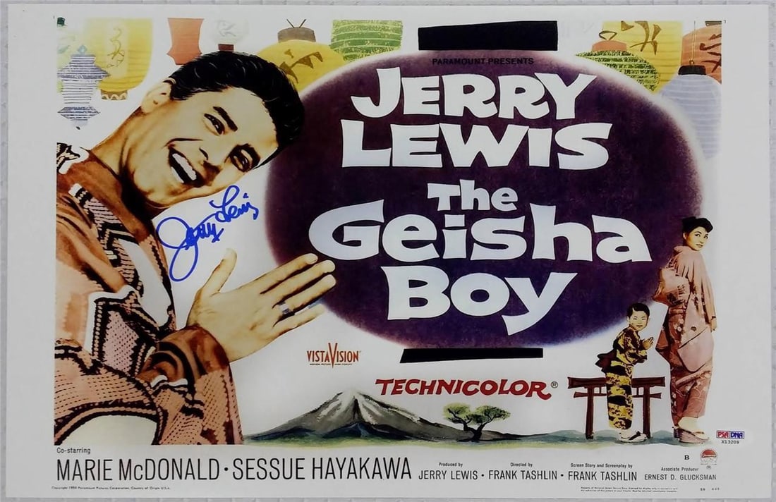 Jerry Lewis Autographed 11x17 The Geisha Boy Photo PSA DNA Certified: Jerry Lewis Autographed 11x17 The Geisha Boy Photo PSA DNA Certified This is an original 11x17 photograph signed by Jerry Lewis, featuring a scene from The Geisha Boy. The autograph has been authentic