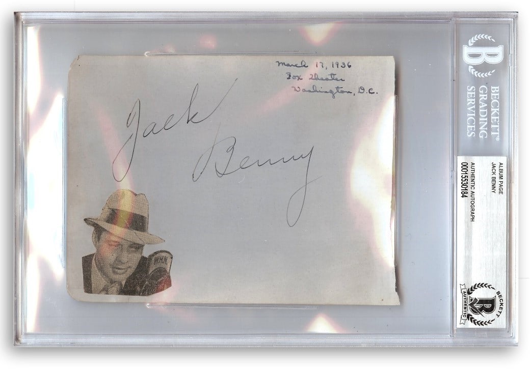 Jack Benny Autographed Album Page Beckett Authenticated 6 x 9 Slab: Jack Benny Autographed Album Page Beckett Authenticated 6 x 9 Slab This is an original album page autographed by legendary comic Jack Benny. The autograph has been authenticated by Beckett Authenticat