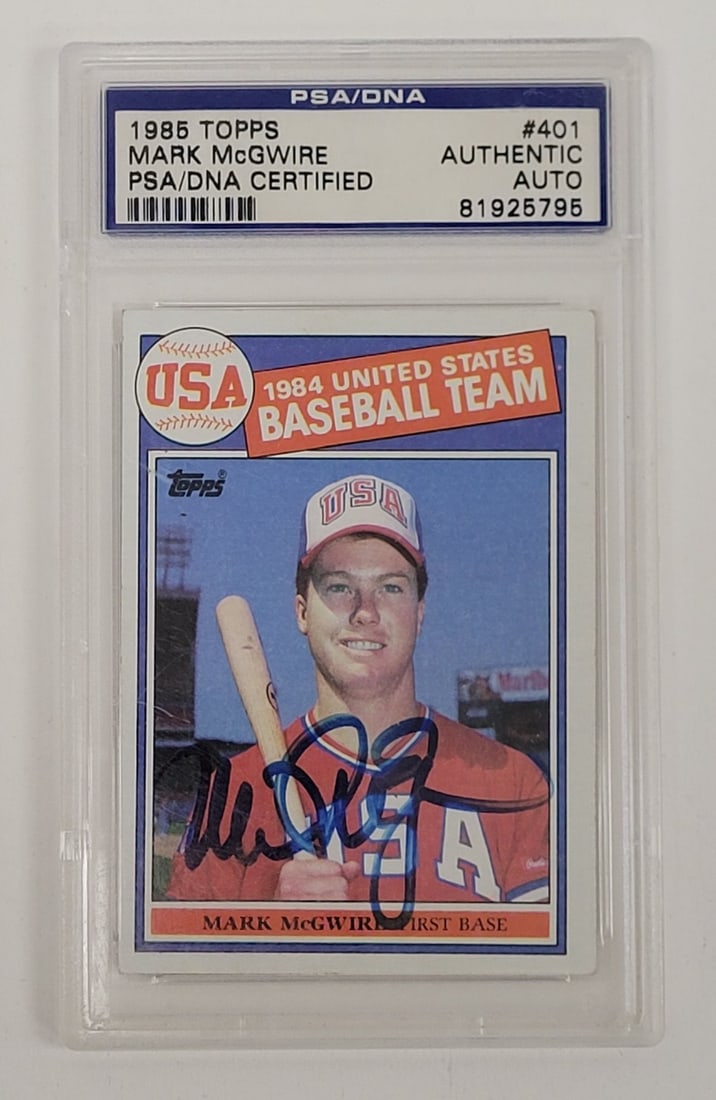 1985 Topps #401 Mark McGwire Rookie Card Autograph Authenticated by PSA: 1985 Topps #401 Mark McGwire Rookie Card Autograph Authenticated by PSA This is a 1985 Topps #401 rookie card featuring Mark McGwire, autographed by McGwire himself. The authenticity of the signature 