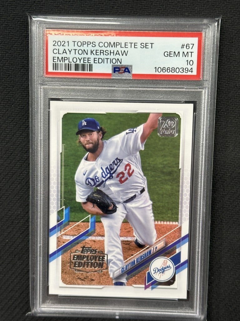 Clayton Kershaw 2021 Topps Complete Set Employee SP PSA 10 Baseball Card: Clayton Kershaw 2021 Topps Complete Set Employee SP PSA 10 Baseball Card This is a 2021 Topps Complete Set Employee Edition Special Print baseball card featuring Clayton Kershaw, a standout player for