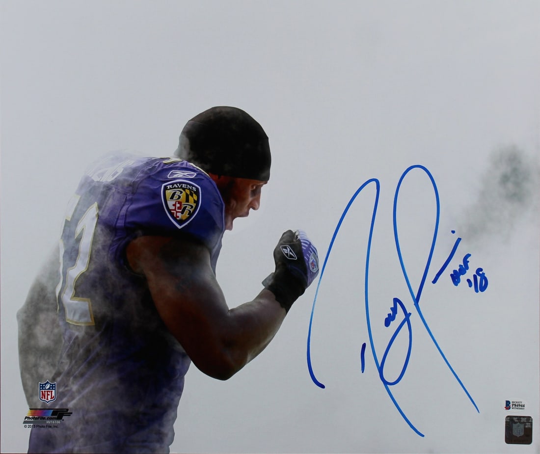 Ray Lewis Signed 16x20 Photograph With HOF 18 Inscription Beckett Witnessed: Ray Lewis Signed 16x20 Photograph With HOF 18 Inscription Beckett Witnessed This 16x20 photo features Ray Lewis of the Baltimore Ravens and is personally signed by him with the inscription "HOF 18." T