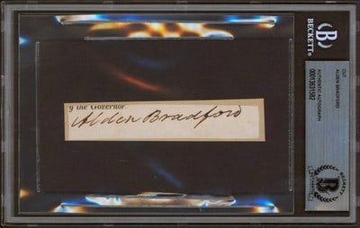 Alden Bradford Signed 0.75x4 Inch Cut With Beckett Authentication Slab: Alden Bradford Signed 0.75x4 Inch Cut With Beckett Authentication Slab This item features an authentic cut signature of Alden Bradford, measuring 0.75 x 4 inches. The autograph has been personally sig