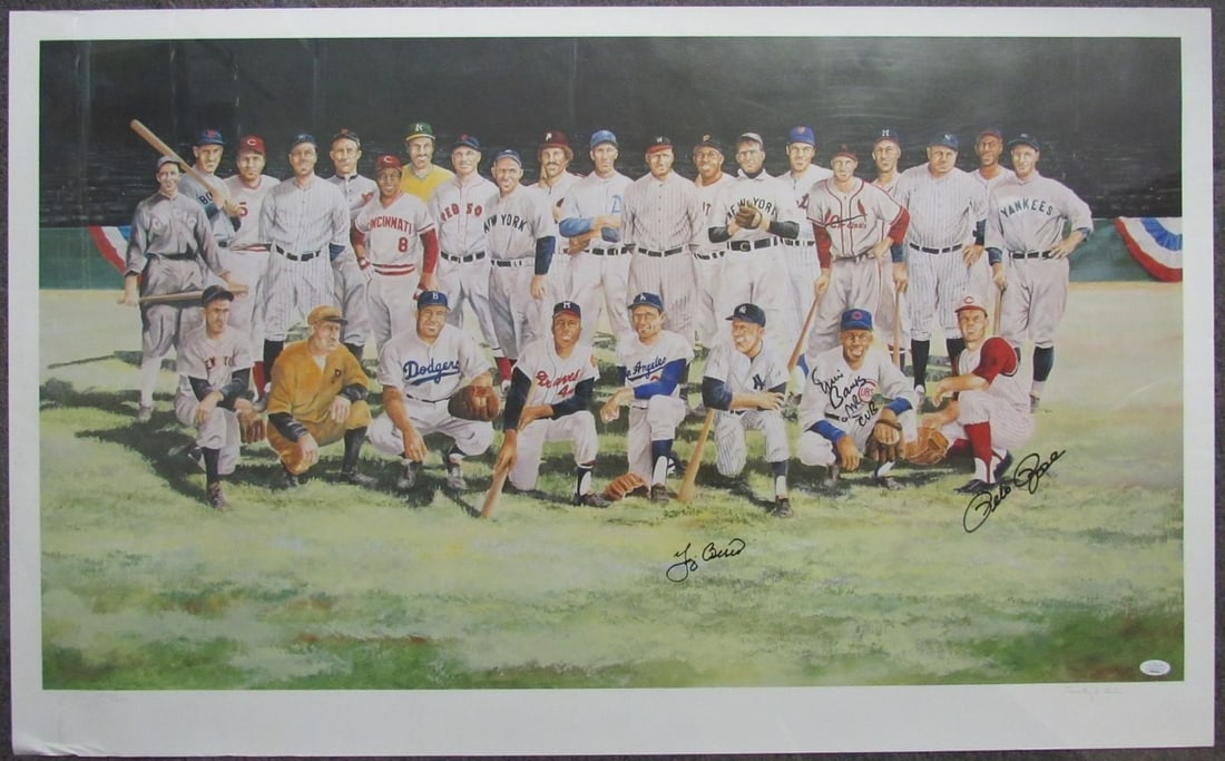 MLB Baseball 39x25 Lithograph Signed by Berra Rose Banks JSA Authenticated: MLB Baseball 39x25 Lithograph Signed by Berra Rose Banks JSA Authenticated This 39x25 inch MLB lithograph features the signatures of Yogi Berra, Pete Rose, and Ernie Banks. The poster has been authent