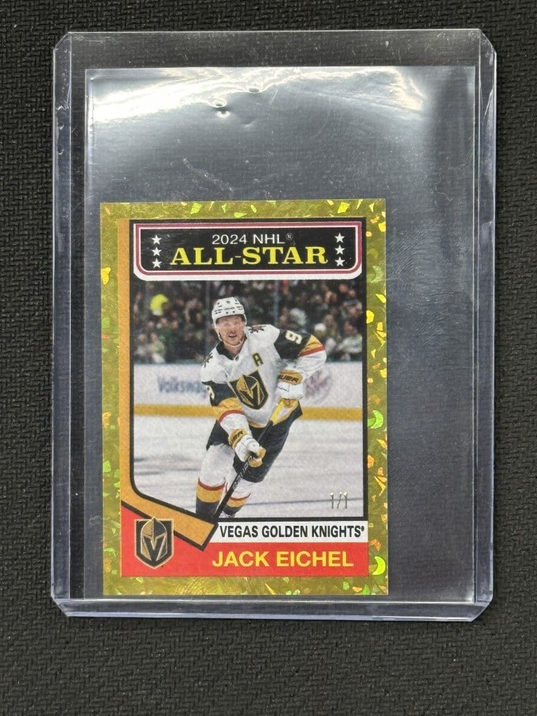 Jack Eichel 2024-25 Topps Gold Foil #666 1/1 Golden Knights Hockey Card: Jack Eichel 2024-25 Topps Gold Foil #666 1/1 Golden Knights Hockey Card This is a Jack Eichel Gold Foil Hockey Card from the 2024-25 Topps Sticker Collection, featuring the talented athlete from the L