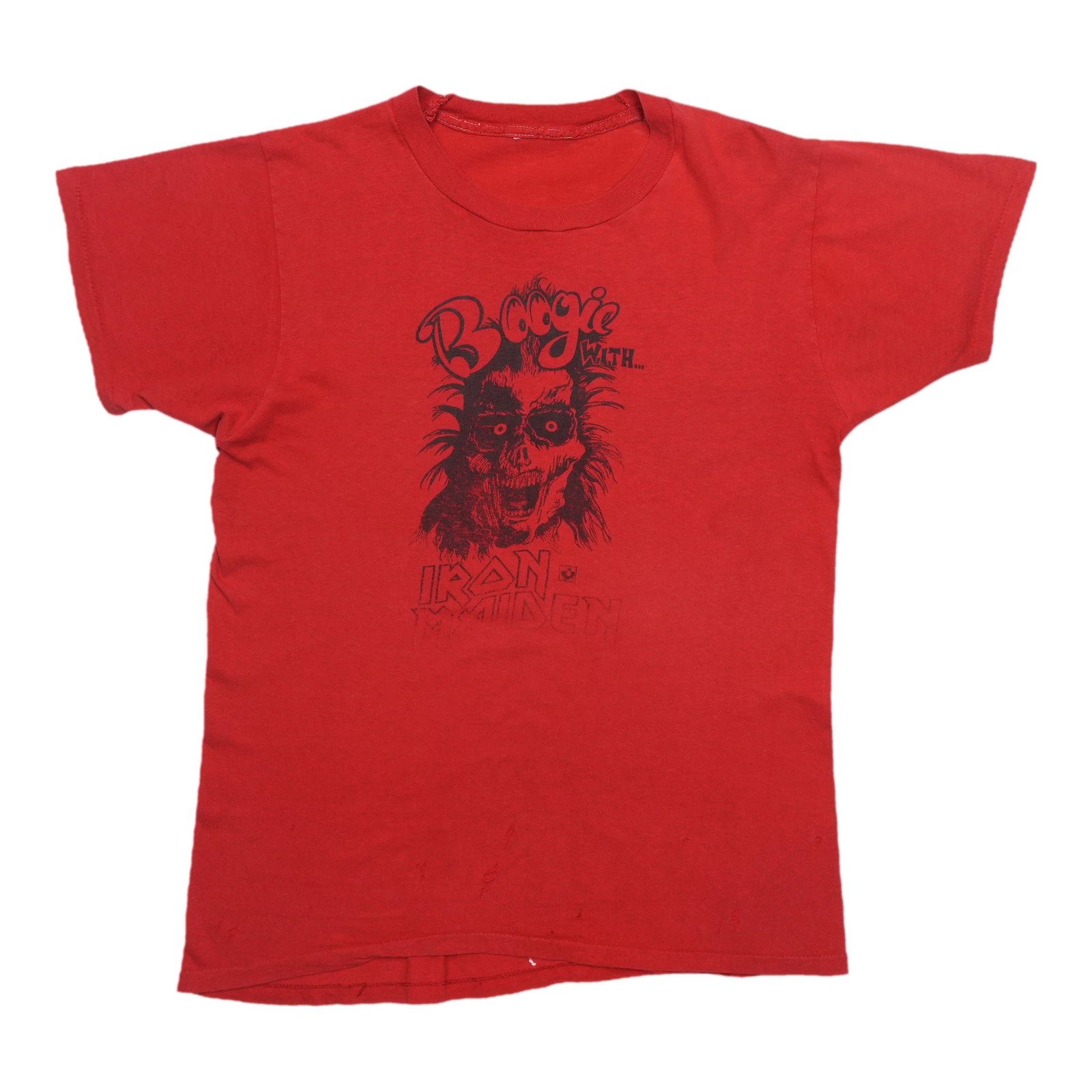Vintage 1980s Iron Maiden Boogie With Eddie Red Cotton Graphic Shirt (1 of 6)