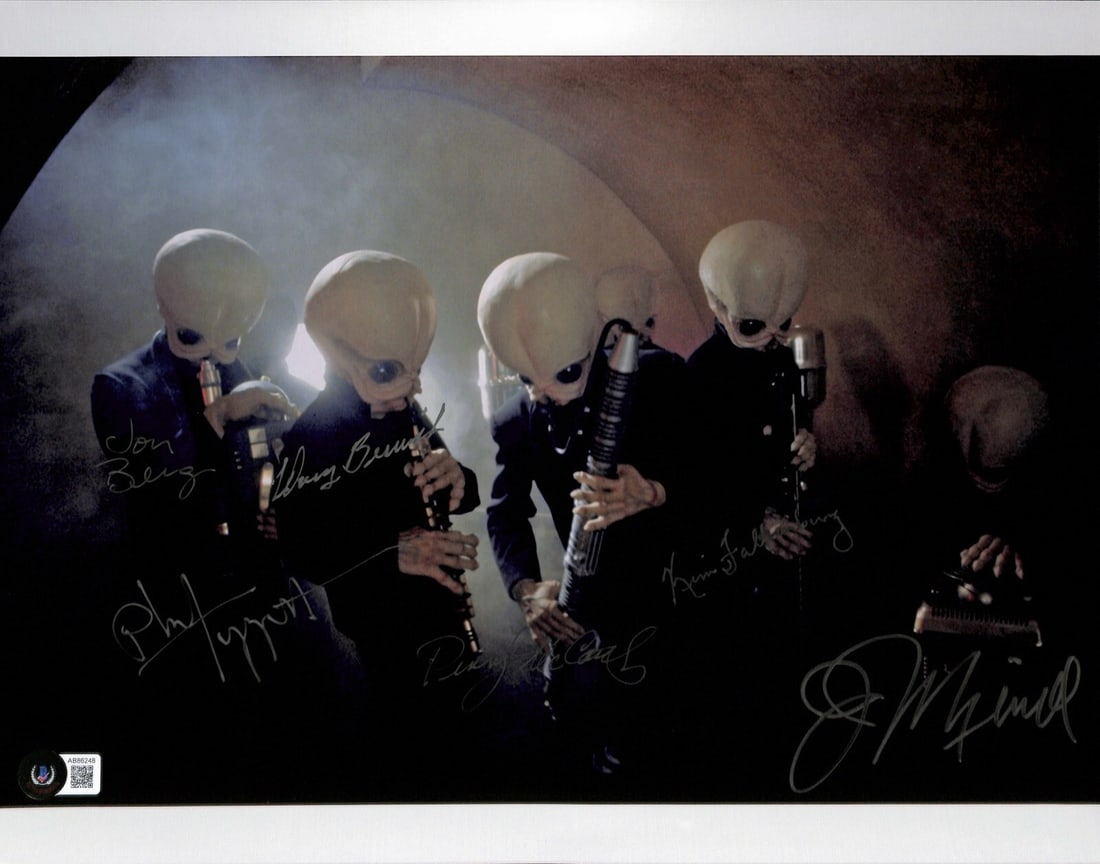 11x14 Star Wars Cantina Band Photo Signed by Six Beckett Graded 10: 11x14 Star Wars Cantina Band Photo Signed by Six Beckett Graded 10 This is an 11x14 color photograph from Star Wars, featuring the Cantina Band, signed in silver permanent ink by performers Phil Tippe