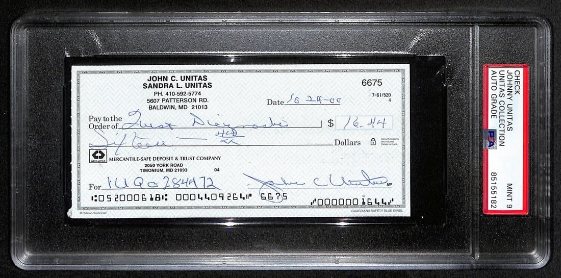 Johnny Unitas Signed Check PSA/DNA GEM MT 10 Baltimore Colts: Johnny Unitas Signed Check PSA/DNA GEM MT 10 Baltimore Colts Offered is an original Johnny Unitas signed canceled check dated October 24, 2000, featuring his signature. This check is authenticated by 