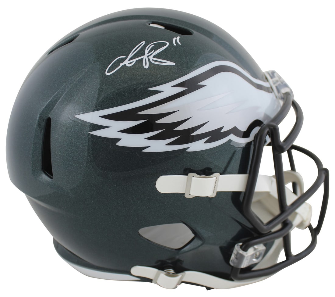 A.J. Brown Signed Full Size Eagles Speed Helmet Beckett Authenticated: A.J. Brown Signed Full Size Eagles Speed Helmet Beckett Authenticated This authentic full-size Speed Rep helmet has been personally signed by A.J. Brown, wide receiver for the Philadelphia Eagles. The