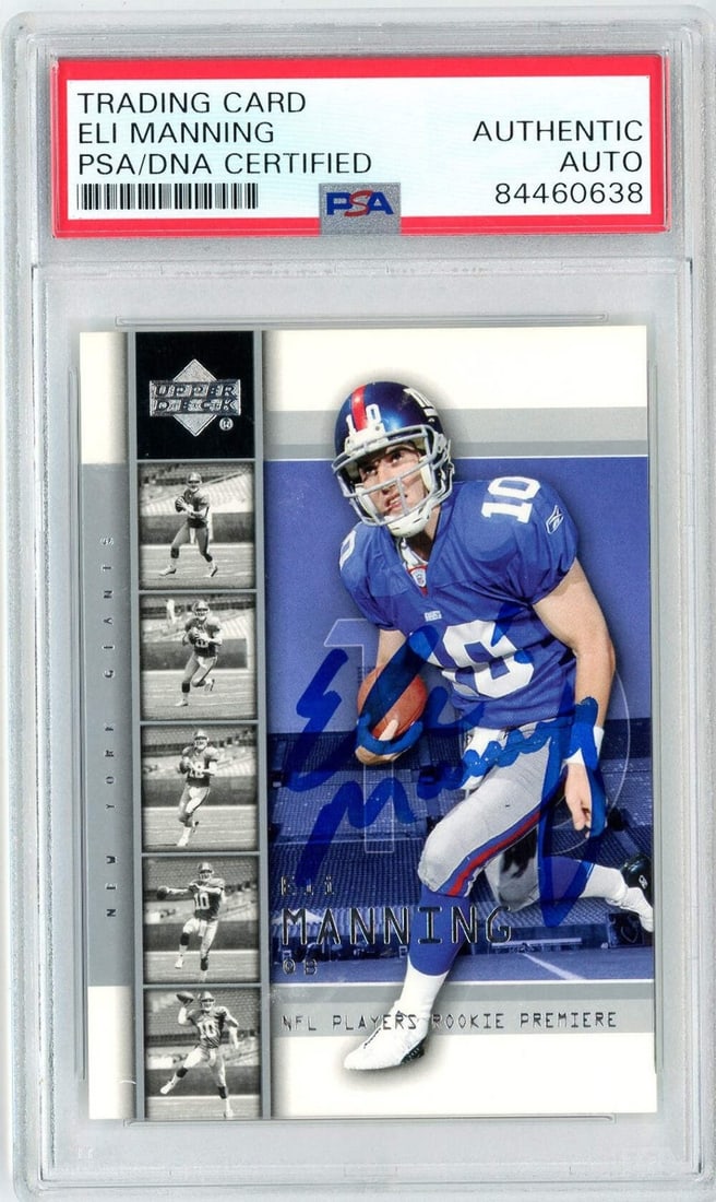 Eli Manning Signed 2004 Upper Deck Rookie Card PSA Authenticated Auto: Eli Manning Signed 2004 Upper Deck Rookie Card PSA Authenticated Auto This is a 2004 Upper Deck Eli Manning #1 Rookie football card that has been autographed by Eli Manning. The card is encapsulated, 