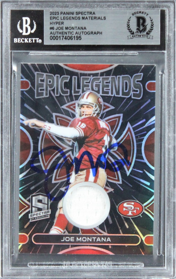 Joe Montana Signed 2023 Panini Spectra Hyper #6 #74/75 Card Beckett Authenticated: Joe Montana Signed 2023 Panini Spectra Hyper #6 #74/75 Card Beckett Authenticated This autographed 2023 Panini Spectra Epic Legends Materials Hyper #6 card, numbered #74/75, has been personally signed