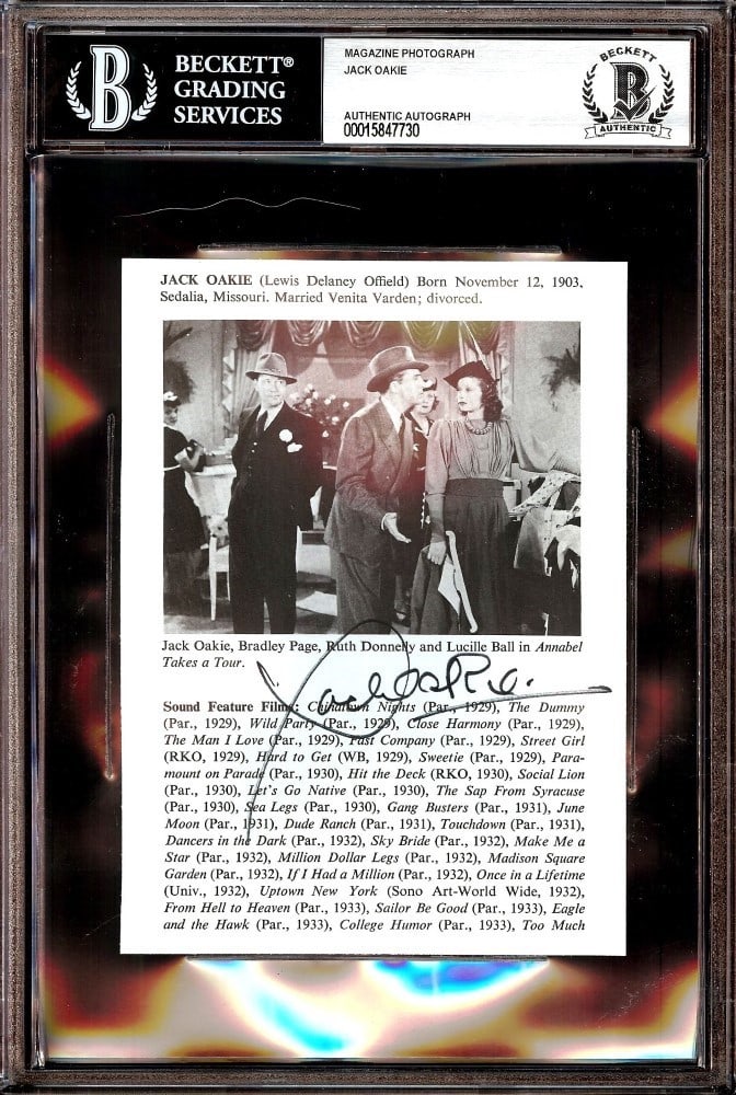 Jack Oakie Signed 6x9 Magazine Photograph Authenticated by Beckett: Jack Oakie Signed 6x9 Magazine Photograph Authenticated by Beckett This is a pre-owned magazine photo from the film "Annabel Takes a Tour," autographed by Jack Oakie. The photograph is authenticated b