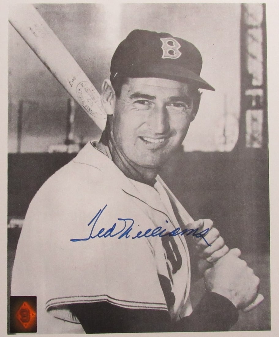 Signed 11x14 Ted Williams Photo with Green Diamond Hologram Authentication: Signed 11x14 Ted Williams Photo with Green Diamond Hologram Authentication This is an original 11x14 inch black and white photo of Ted Williams, Hall of Fame baseball player for the Boston Red Sox, pr