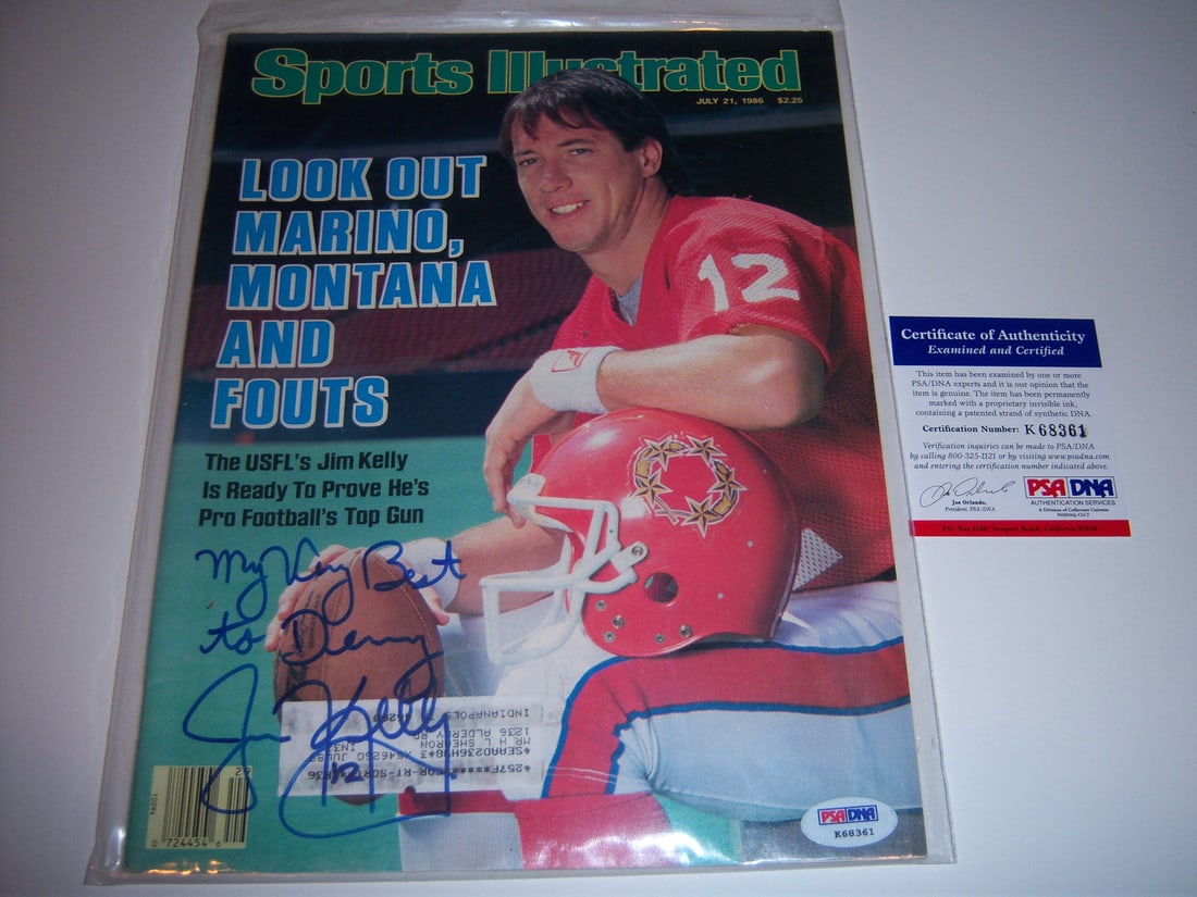 Sports Illustrated Magazine Signed by Jim Kelly PSA DNA Authenticated: Sports Illustrated Magazine Signed by Jim Kelly PSA DNA Authenticated This is an original Sports Illustrated magazine featuring Jim Kelly, known for his time with the New Jersey Generals and the Buffa