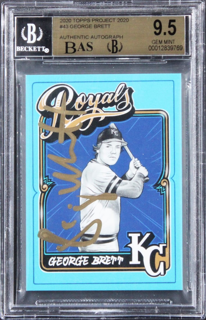 George Brett Signed Topps Project 2020 #43 Card 9.5 Auto 8 BAS Authenticated: George Brett Signed Topps Project 2020 #43 Card 9.5 Auto 8 BAS Authenticated Celebrate baseball history with this autographed 2020 Topps Project 2020 #43 card, personally signed by George Brett of the