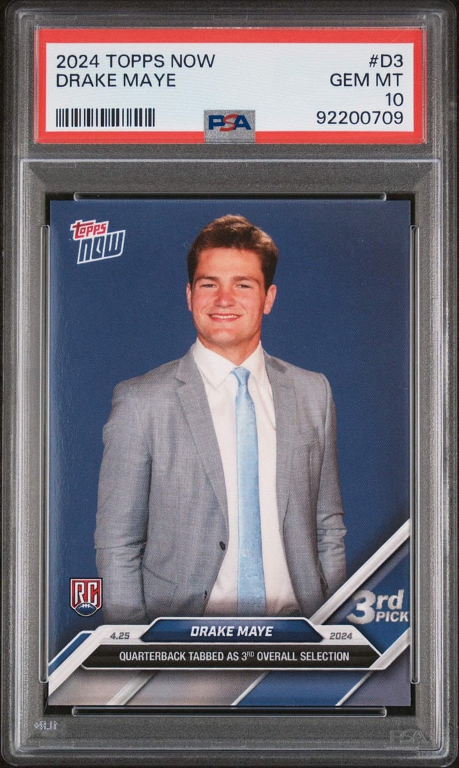 2024 Topps Now Drake Maye #D3 Rookie Card PSA 10 Gem Mint Authenticated: 2024 Topps Now Drake Maye #D3 Rookie Card PSA 10 Gem Mint Authenticated This is a graded 2024 Topps Now Drake Maye #D3 Rookie RC Football Card, achieving a prestigious PSA 10 Gem Mint rating. The card