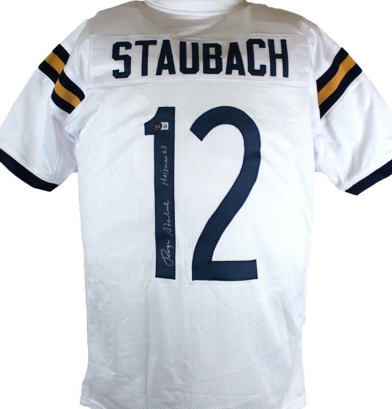 Roger Staubach Signed Navy Midshipman Jersey with Beckett Hologram: Roger Staubach Signed Navy Midshipman Jersey with Beckett Hologram This is a pre-owned white college style jersey signed by Roger Staubach, featuring inscriptions. The jersey is an original piece repr