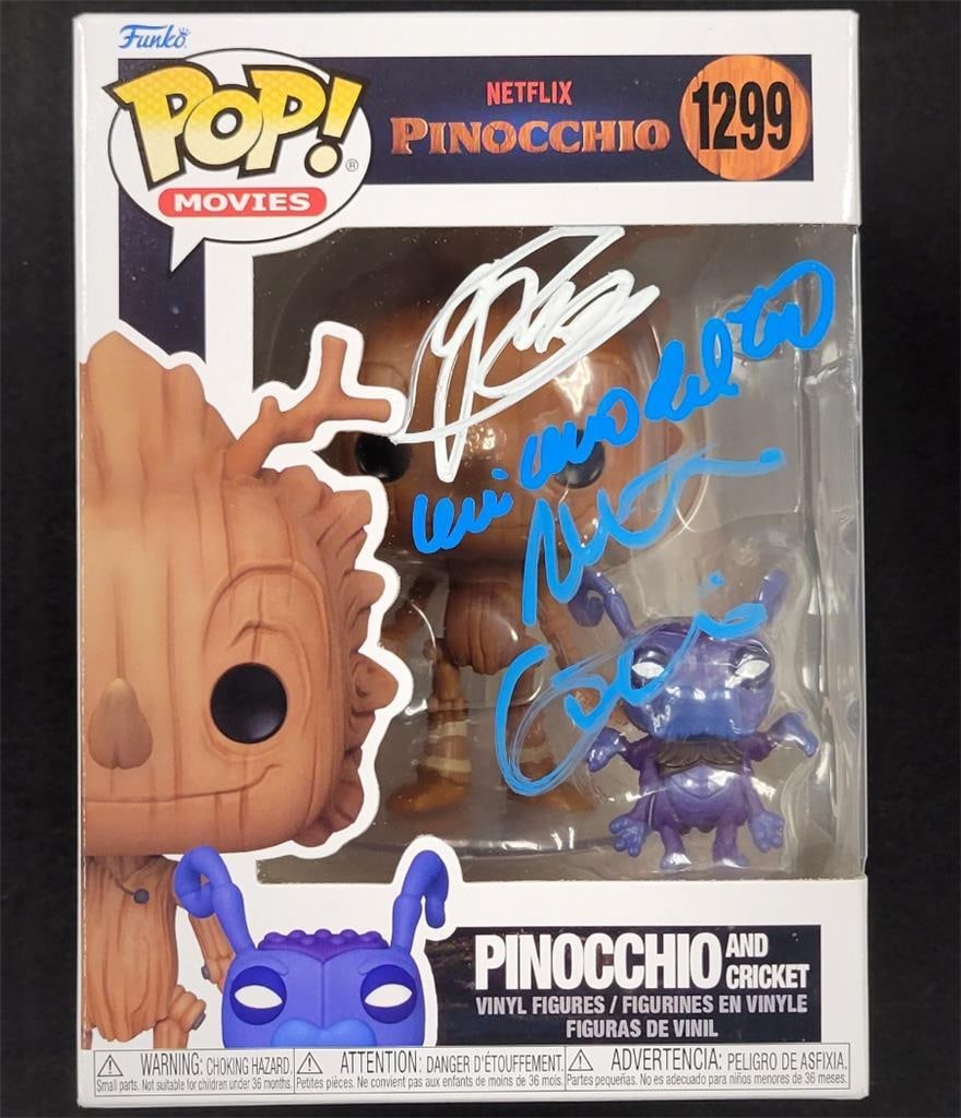 Pinocchio Cast Signed Funko Pop Del Toro Gustafson Mann Beckett Authenticated: Pinocchio Cast Signed Funko Pop Del Toro Gustafson Mann Beckett Authenticated This unique Pinocchio Funko Pop! figure is signed by the talented team behind the film: Guillermo Del Toro, Mark Gustafson