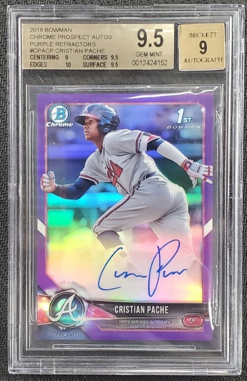 2018 Purple Refractor Bowman Chrome Christian Pache Rookie Card Serial Numbered 250: 2018 Purple Refractor Bowman Chrome Christian Pache Rookie Card Serial Numbered 250 This is a 2018 Bowman Chrome Prospects Purple Refractor baseball card featuring Christian Pache of the Atlanta Brave