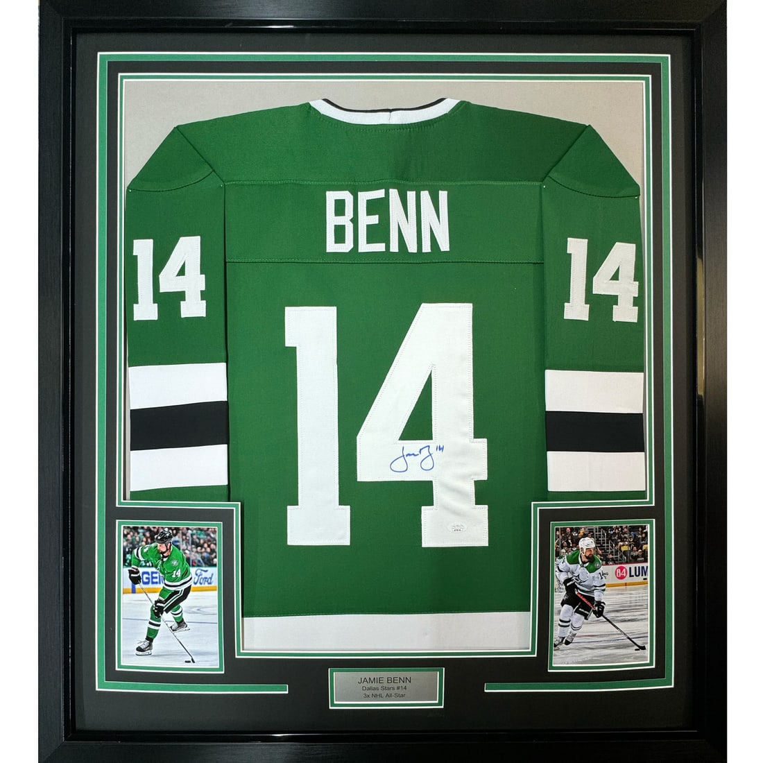 Framed Signed Jamie Benn 35x39 Dallas Stars Retro Jersey JSA COA: Framed Signed Jamie Benn 35x39 Dallas Stars Retro Jersey JSA COA This professionally framed and matted item features an authentic autographed Jamie Benn green retro jersey from the Dallas Stars. Measu