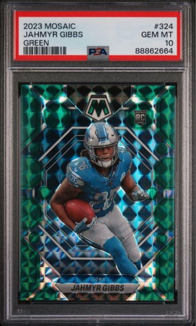 2023 Panini Mosaic Jahmyr Gibbs #324 Green Rookie PSA 10 Gem Mint Card: 2023 Panini Mosaic Jahmyr Gibbs #324 Green Rookie PSA 10 Gem Mint Card This is a graded 2023 Panini Mosaic Jahmyr Gibbs #324 Green Rookie RC Card, receiving a perfect PSA 10 Gem Mint rating. The card 