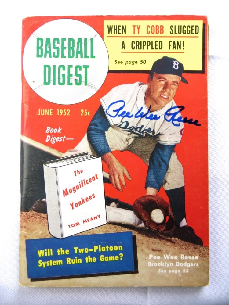 Pee Wee Reese Autographed 1952 Baseball Magazine JSA Certified: Pee Wee Reese Autographed 1952 Baseball Magazine JSA Certified This original 1952 magazine featuring Pee Wee Reese is a must-have for collectors and fans of the Brooklyn Dodgers. The magazine is autog