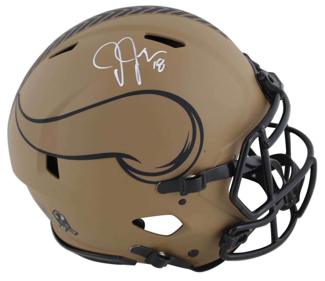 Justin Jefferson Signed Minnesota Vikings Salute To Service II Helmet BAS Authenticated: Justin Jefferson Signed Minnesota Vikings Salute To Service II Helmet BAS Authenticated This autographed alternate 2023 Salute To Service II Riddell Authentic Full Size Speed Proline Helmet has been p