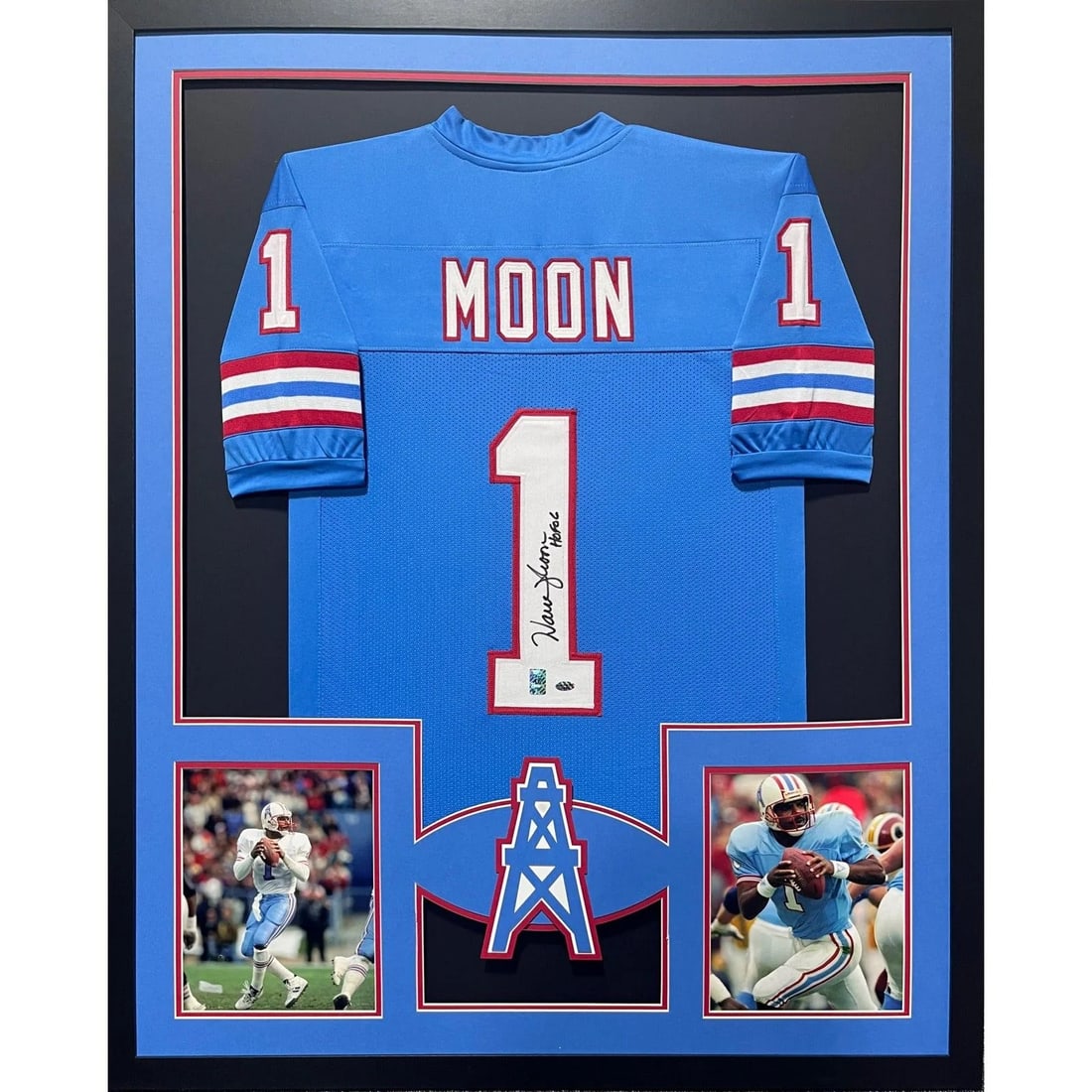 Warren Moon Autographed Framed Jersey with COA Houston Oilers: Warren Moon Autographed Framed Jersey with COA Houston Oilers This is a stunning autographed jersey of Warren Moon, exhibited in a beautifully crafted frame. The jersey is authenticated by Warren Moon
