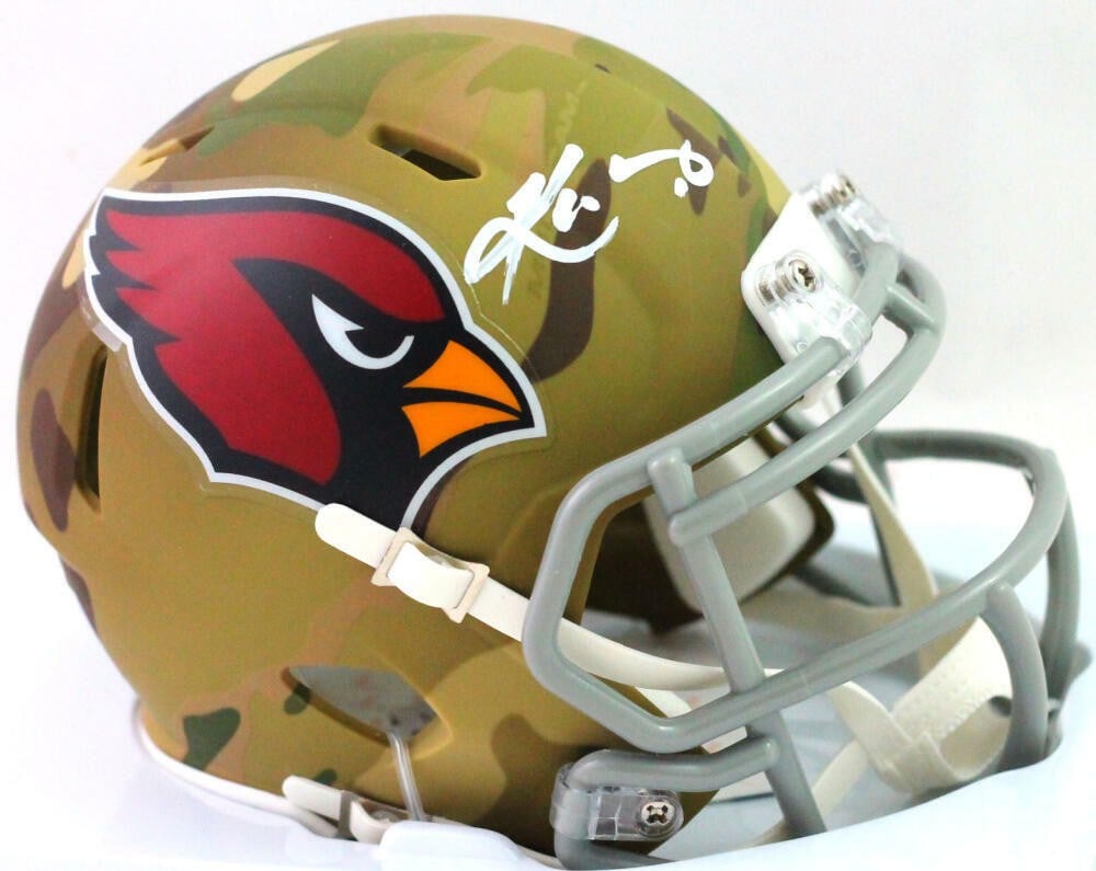 Arizona Cardinals Camo Mini Helmet Signed by Kyler Murray Beckett Authenticated: Arizona Cardinals Camo Mini Helmet Signed by Kyler Murray Beckett Authenticated This Arizona Cardinals camo mini helmet features an authentic autograph from Kyler Murray. The signature has been authen