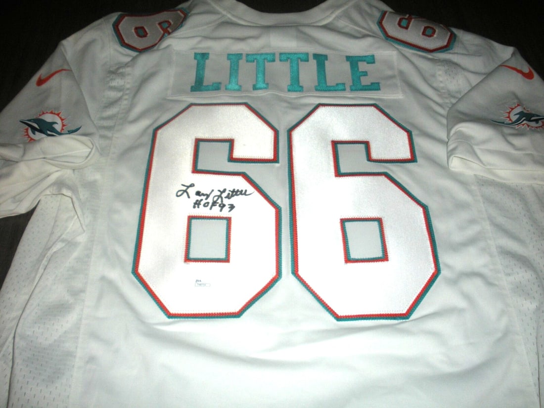 Larry Little Autographed Miami Dolphins Nike Football Jersey With JSA COA: Larry Little Autographed Miami Dolphins Nike Football Jersey With JSA COA This officially licensed Nike Miami Dolphins jersey is signed by Larry Little, Hall of Fame inductee in 1993. The jersey is an