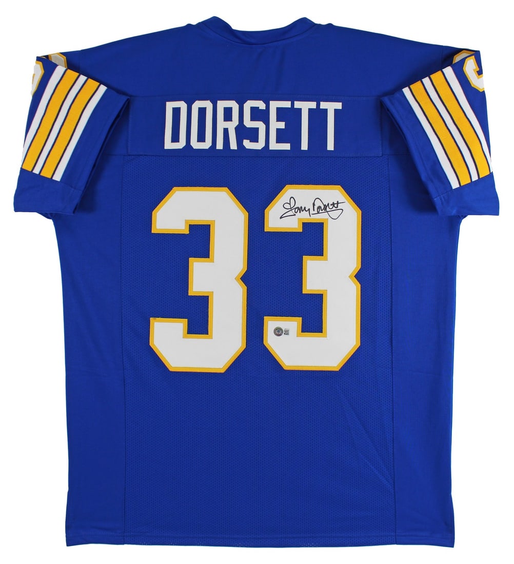 Tony Dorsett Signed Blue Jersey Beckett Witnessed Pittsburgh Panthers Autograph: Tony Dorsett Signed Blue Jersey Beckett Witnessed Pittsburgh Panthers Autograph This blue pro style jersey is personally signed by Tony Dorsett of the Pittsburgh Panthers. The autograph is authenticat