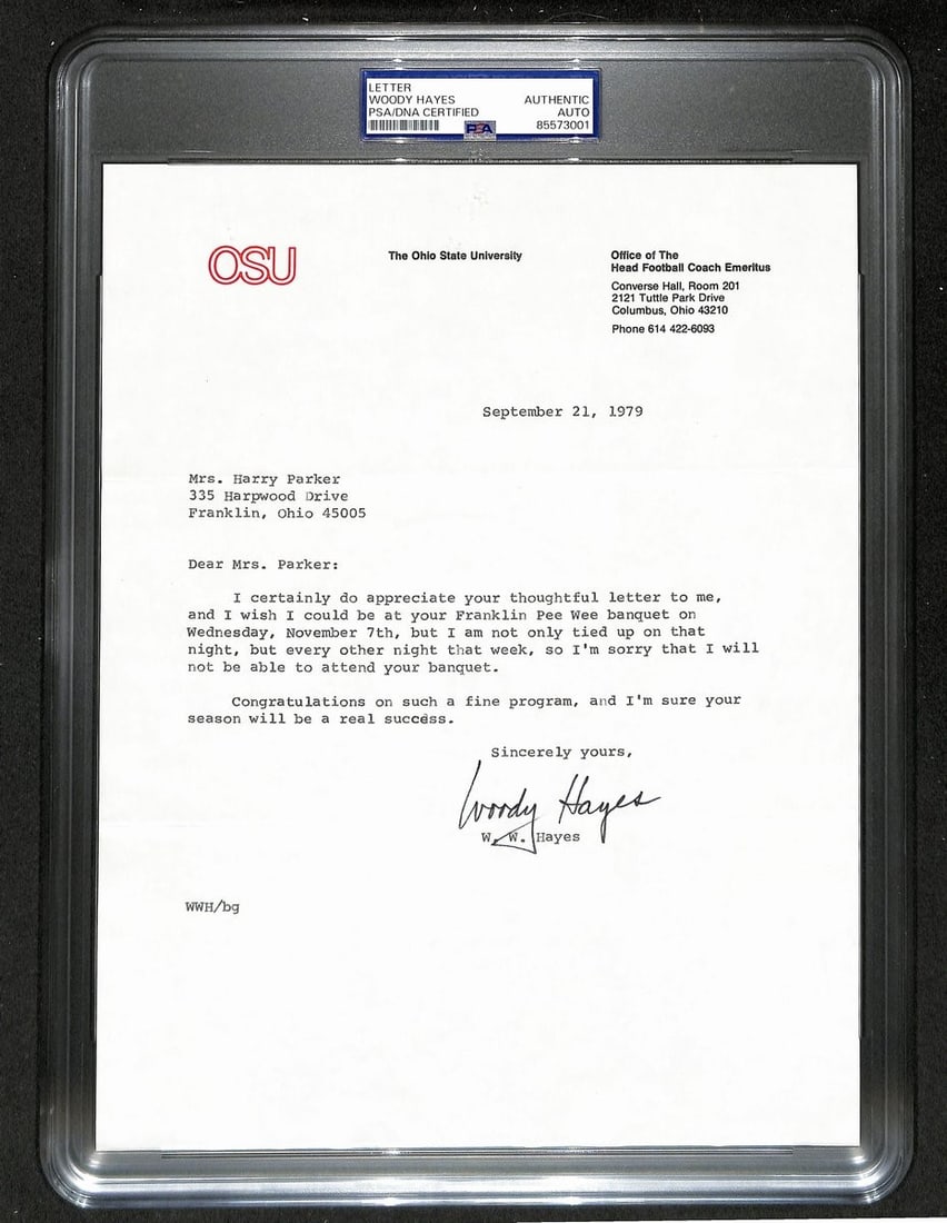 1979 Woody Hayes Autographed 9x11 Letter Ohio State PSA DNA Authenticated: 1979 Woody Hayes Autographed 9x11 Letter Ohio State PSA DNA Authenticated This is an original 9x11 typed letter signed (TLS) by Woody Hayes, dated September 21, 1979, during his tenure as Ohio State U