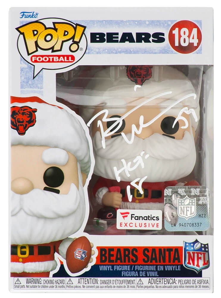 Brian Urlacher Signed Chicago Bears Santa Funko Pop #184 with HOF 18 Inscription: Brian Urlacher Signed Chicago Bears Santa Funko Pop #184 with HOF 18 Inscription Celebrate the legacy of NFL star Brian Urlacher with this signed Chicago Bears Santa Funko Pop doll #184. This unique c
