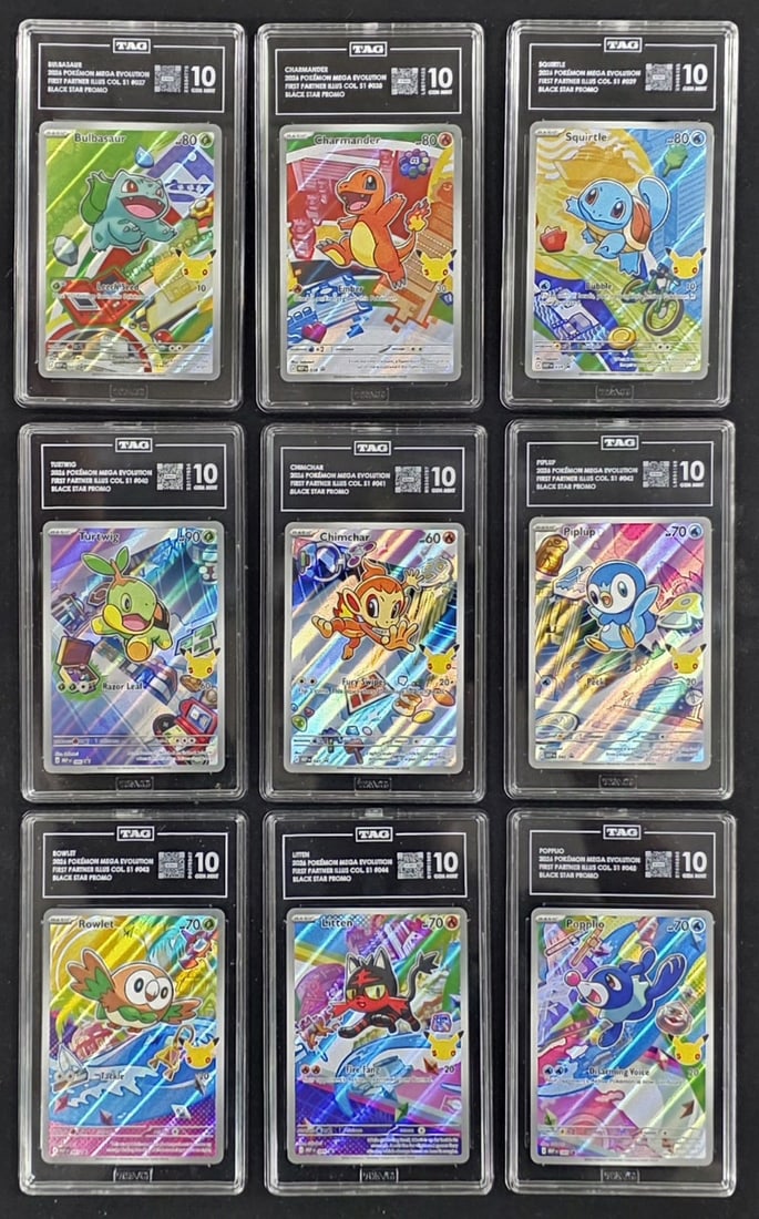 Pokemon First Partner Illustration Collection 9 Card TAG 10 Set: Pokemon First Partner Illustration Collection 9 Card TAG 10 Set This is a complete 9-card set from the First Partner Pokemon Illustration Collection Series 1, featuring Bulbasaur, Charmander, Squirtle