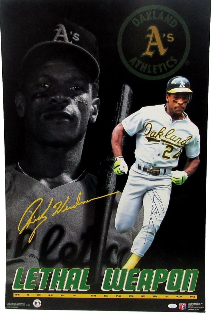 Rickey Henderson Signed Costacos Poster Oakland A's JSA Authenticated 2x3 ft (1 of 4)