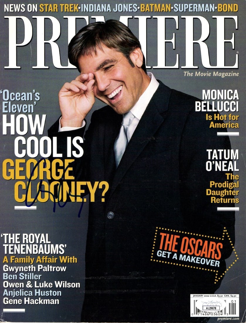 George Clooney Autographed Premiere Magazine 2002 Ocean's 11 JSA Certified: George Clooney Autographed Premiere Magazine 2002 Ocean's 11 JSA Certified This is an original Premiere magazine from 2002 autographed by George Clooney, celebrating the release of 'Oceans 11.' The si